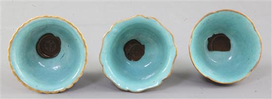 Three Chinese enamelled porcelain flower shaped cups, probably Republic period, height 4cm
